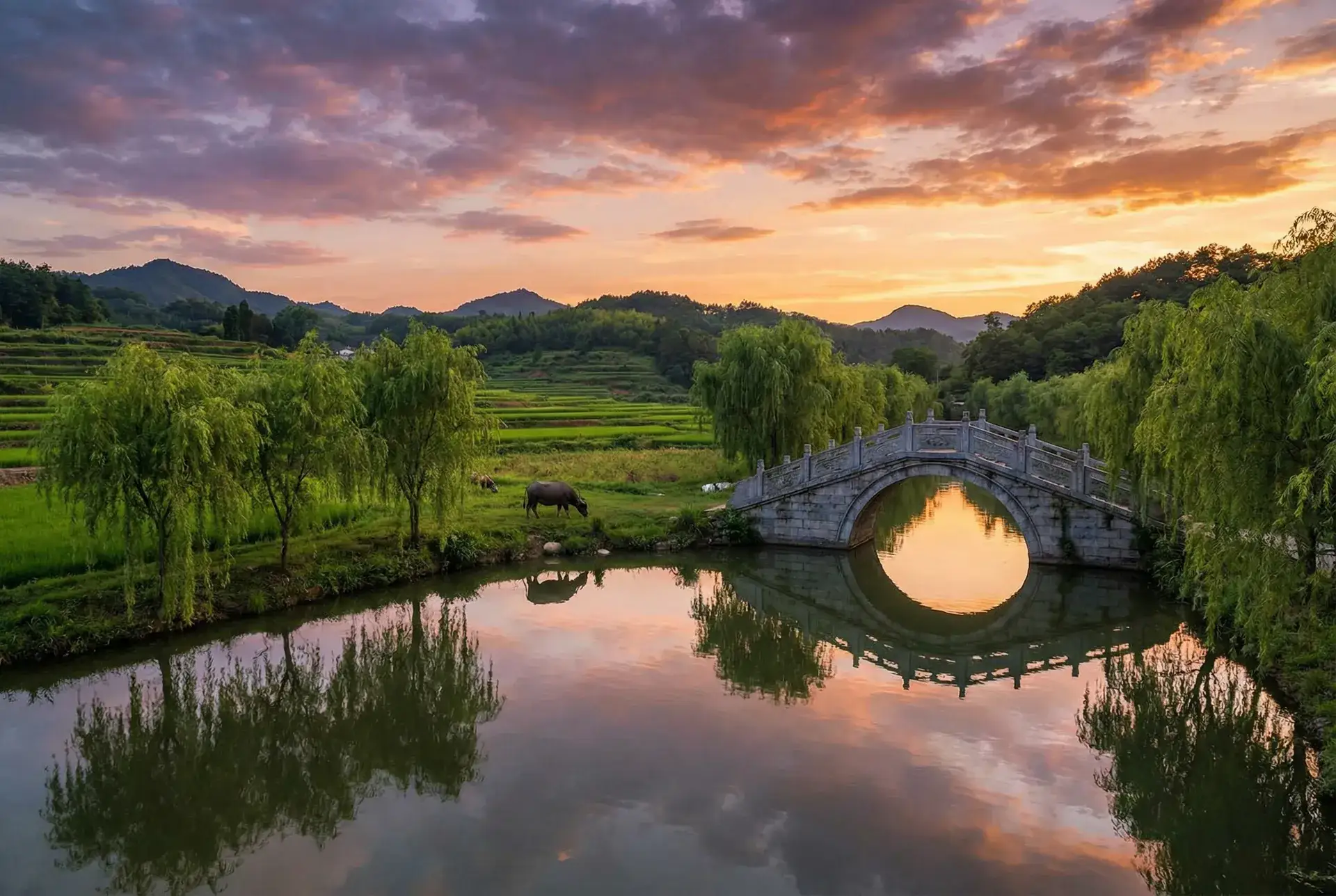 夕阳下的石拱桥与垂柳，水牛在河边吃草 - 蝌蚪影视社区 乡村美景